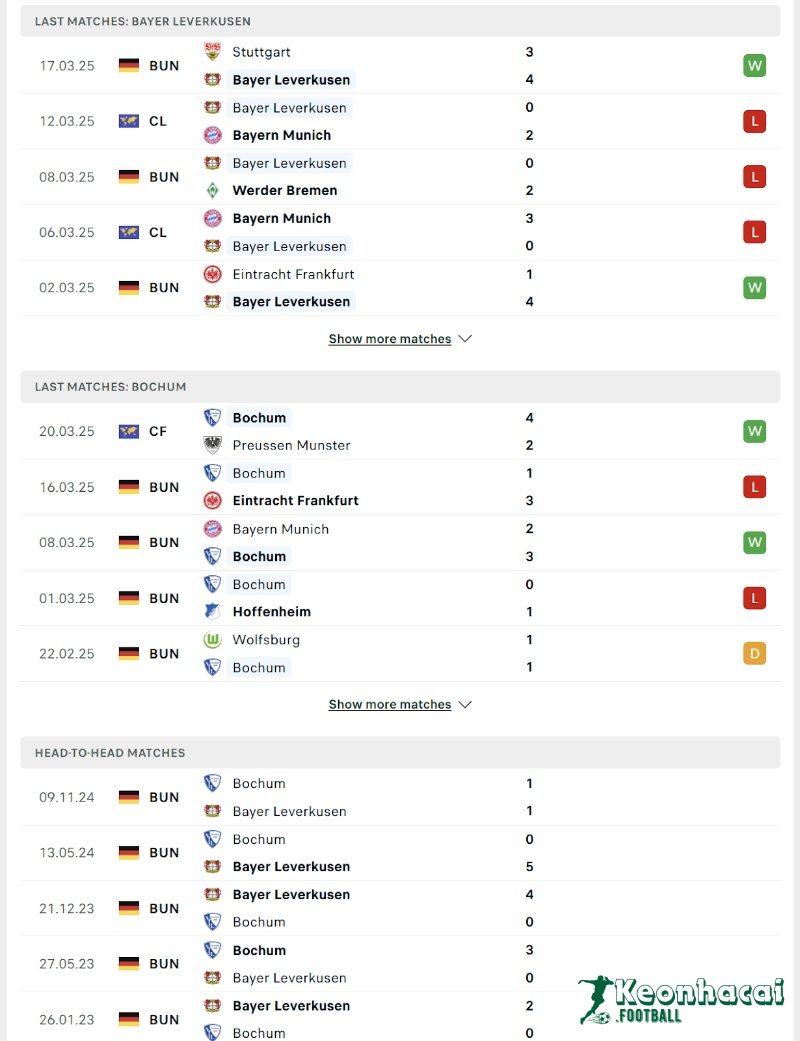 Phong độ và lịch sử đối đầu của Bayer Leverkusen vs Bochum  