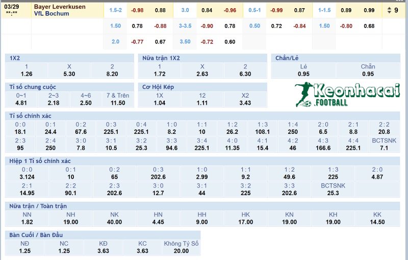Tỷ lệ kèo Bayer Leverkusen vs Bochum