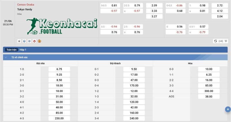 Tỷ lệ kèo Cerezo Osaka vs Verdy