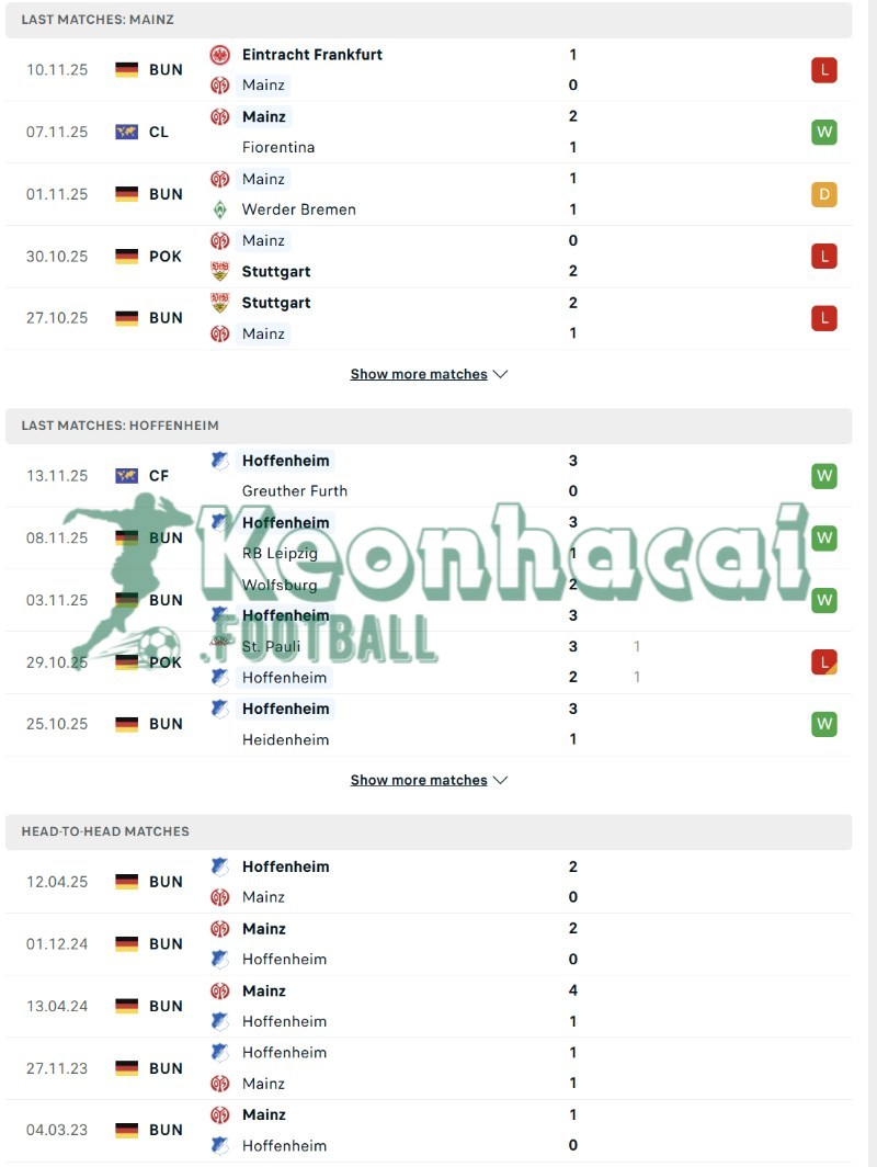 Phong độ và lịch sử đối đầu của Mainz vs Hoffenheim  
