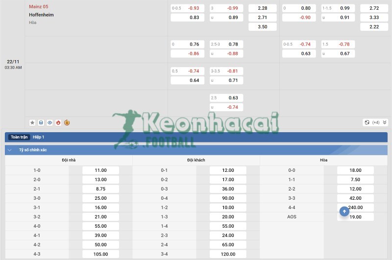Tỷ lệ kèo Mainz vs Hoffenheim